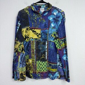 Chico's Jacket Womens‎ L Colorful Floral Artsy Patchwork Zip Smocked Boho Hippie